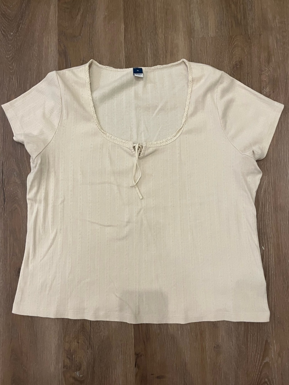 Old Navy Cream Short Sleeve Scoop Neck Top with Front Tie and Lace Trim